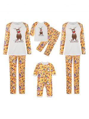Pyjama de Noël Renne Enguirlandé Jaune et Blanc avec motifs funs pour la famille