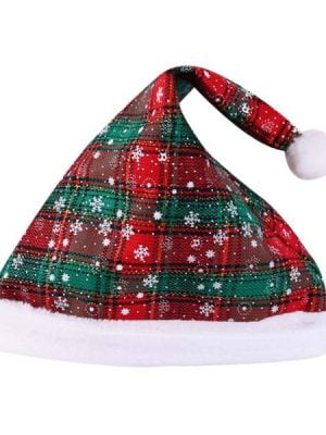Bonnet de Noël Quadrillé rouge et vert avec Flocons blancs