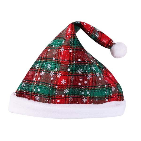 Bonnet de Noël Quadrillé rouge et vert avec Flocons blancs