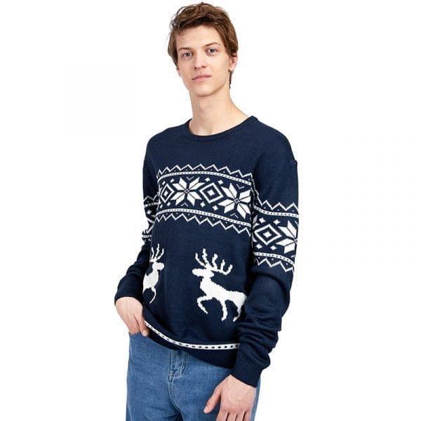Pull de Noël Homme bleu rennes et flocons