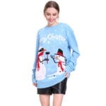 Pull de Noël Femme bleu ciel bonhommes de neige