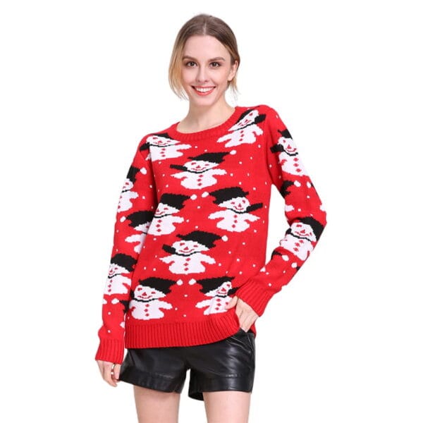 Pull de Noël Femme rouge bonhommes de neige
