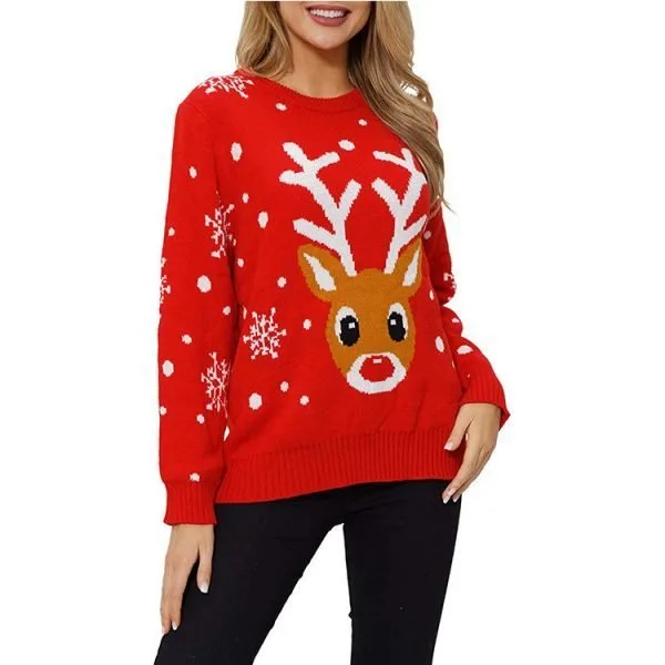 Pull de Noël Femme fun rouge Renne et Flocons