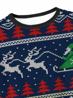 Pullover de Noël unisexe, homme femme, bleu avec un motif de rennes, sapins et flocons, sweat pour les fêtes et concours de pulls moches