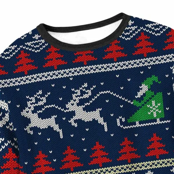 Pull de Noël unisexe Homme ou Femme bleu avec rennes, sapins et flocons