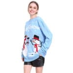 Pull de Noël Femme bleu ciel bonhommes de neige