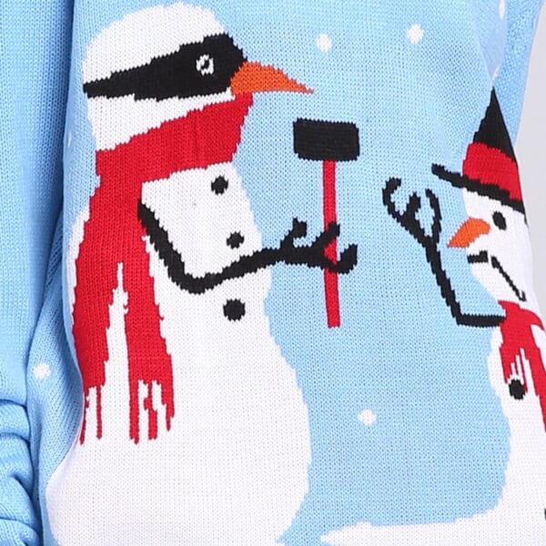 Pull de Noël Femme bleu ciel bonhommes de neige