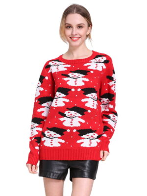 Pull, Pullover, Sweat de Noël Femme rouge avec un motif réprésentant plusieurs bonhommes de neige