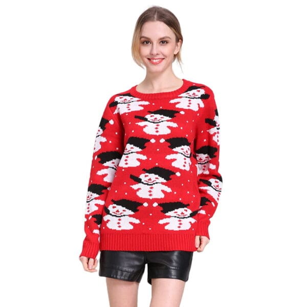 Pull de Noël Femme rouge bonhommes de neige