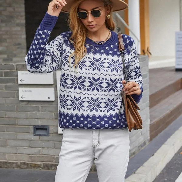 Pull de Noël Femme classique Bleu motifs Flocons