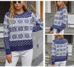 Pull de Noël Femme classique Bleu motifs Flocons