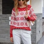 Pull de Noël Femme classique Rouge motifs Flocons