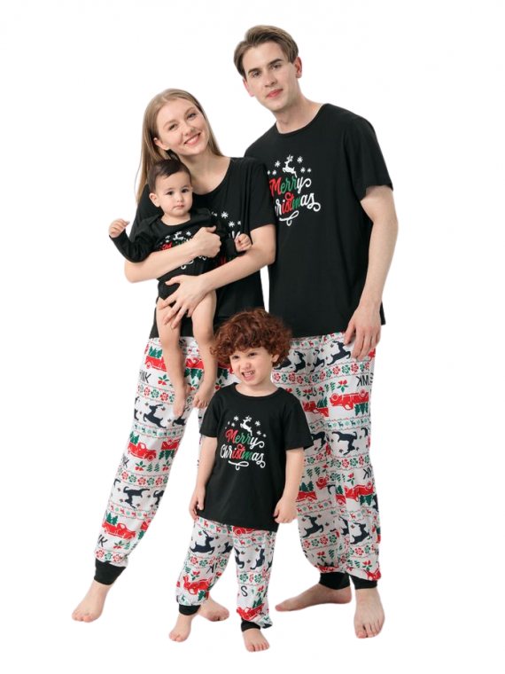 Pyjama de Noël imprimé Joyeux Noël, noir avec un renne volant