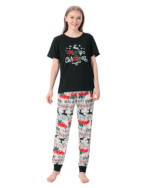Pyjama de Noël imprimé Joyeux Noël, noir avec un renne volant