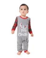 Pyjama de Noël Gris Rouge à Carreaux Bois Rennes Merry Christmas