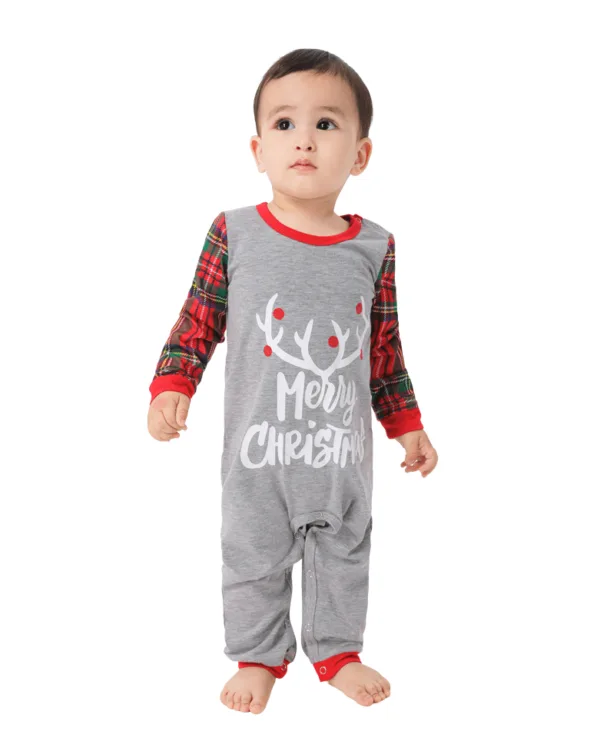 Pyjama de Noël Gris Rouge à Carreaux Bois Rennes Merry Christmas