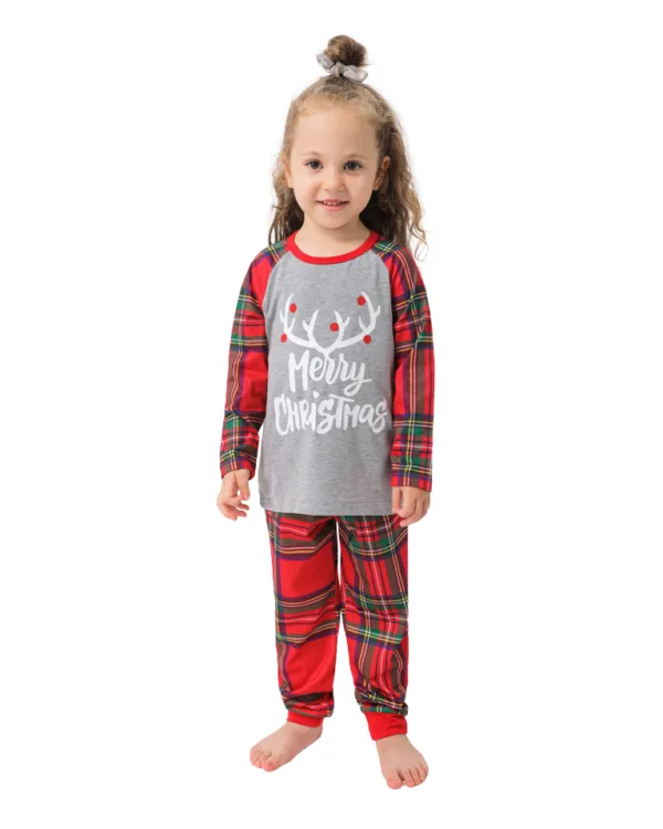 Pyjama de Noël Gris Rouge à Carreaux Bois Rennes Merry Christmas