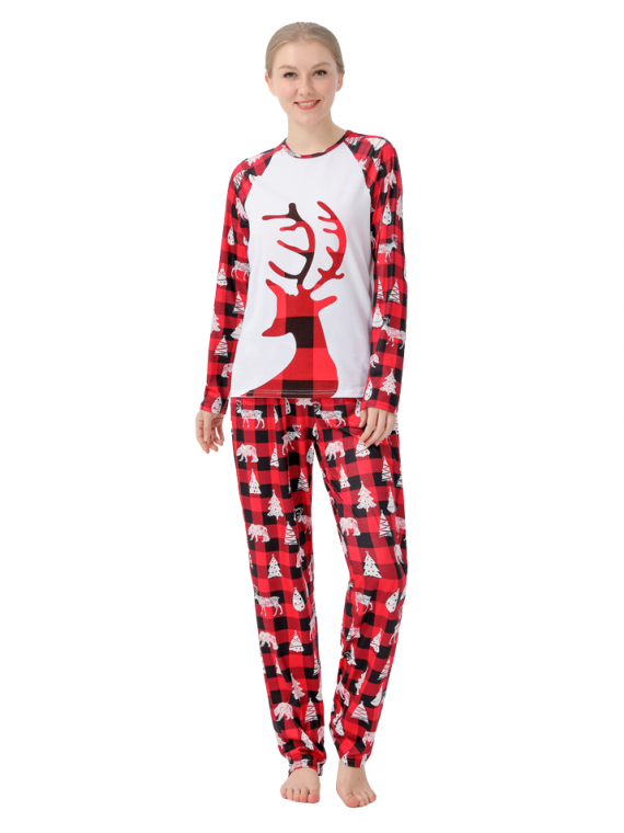 Pyjama de Noël Renne Rouge à Carreaux avec Sapins, Ours pour la famille