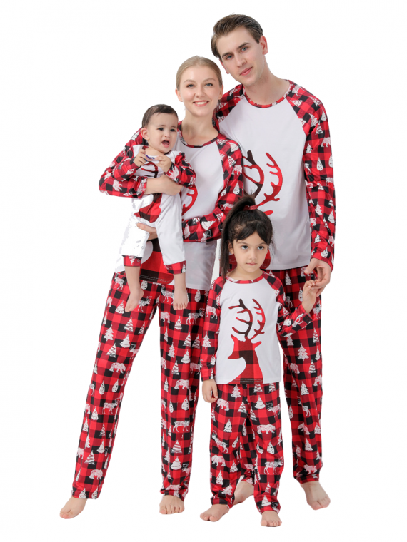 Pyjama de Noël Renne Rouge à Carreaux avec Sapins, Ours pour la famille