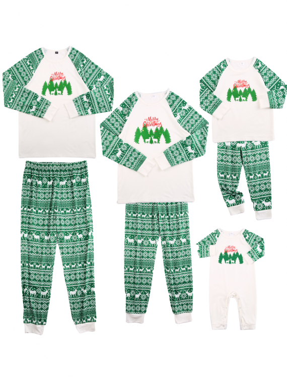 Pyjama de Noël Vert Blanc motifs Rennes Flocons imprimé Sapins pour la famille