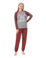 Pyjama de Noël Gris Rouge à Carreaux Bois Rennes Merry Christmas