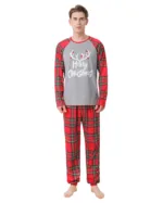Pyjama de Noël Gris Rouge à Carreaux Bois Rennes Merry Christmas