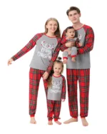 Pyjama de Noël Gris Rouge à Carreaux Bois Rennes Merry Christmas