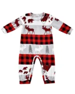 Pyjama de Noël Gris, Rouge, Noir à Carreaux motifs Caribou Ours et Sapins pour la famille