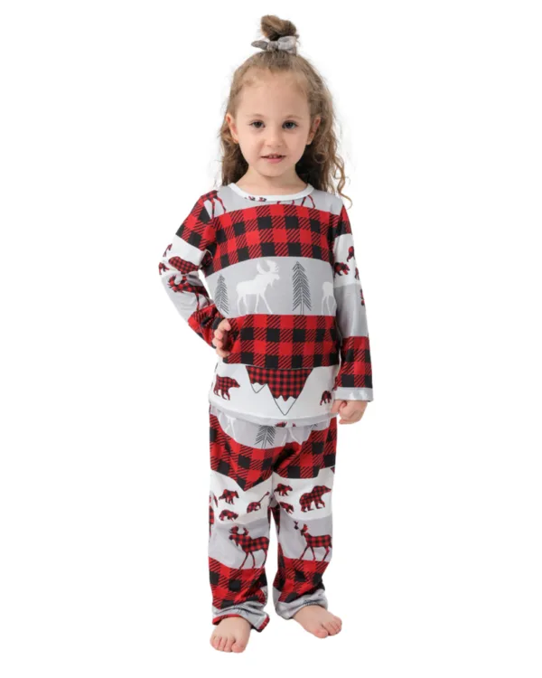 Pyjama de Noël Gris, Rouge, Noir à Carreaux motifs Caribou Ours et Sapins pour la famille