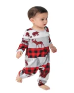 Pyjama de Noël Gris, Rouge, Noir à Carreaux motifs Caribou Ours et Sapins pour la famille