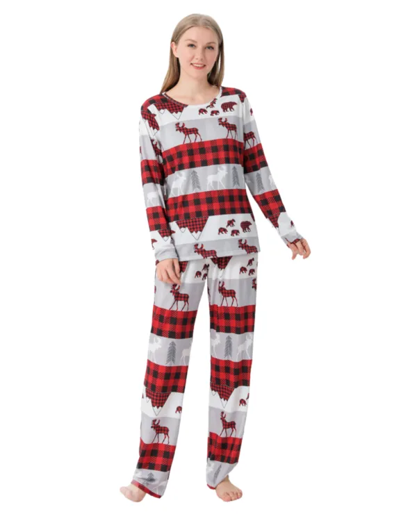 Pyjama de Noël Gris, Rouge, Noir à Carreaux motifs Caribou Ours et Sapins pour la famille