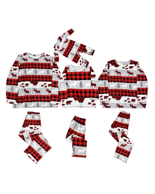 Pyjama de Noël Gris, Rouge, Noir à Carreaux motifs Caribou Ours et Sapins pour la famille