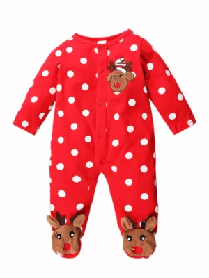 Pyjama grenouillère de Noël pour bébé brodée d'un petit renne, rouge et blanc