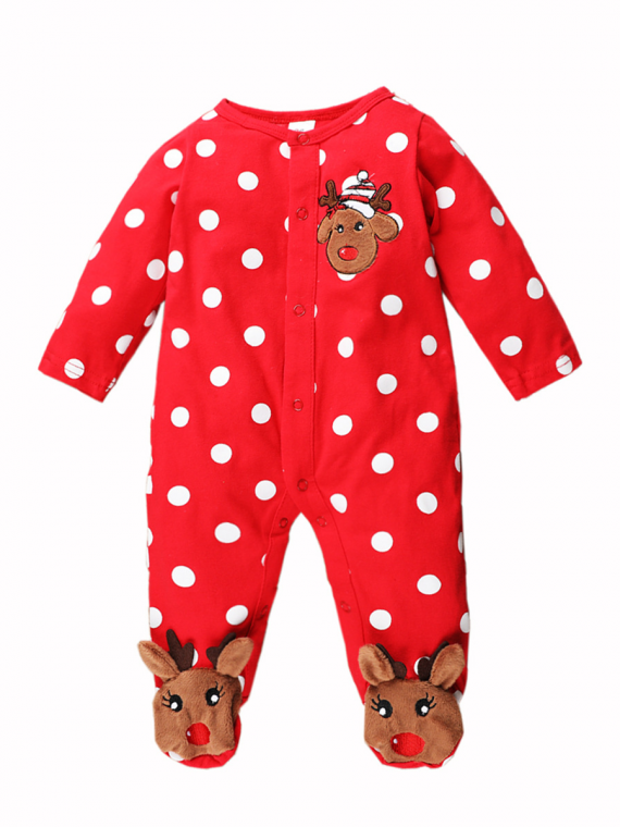 Pyjama grenouillère de Noël pour bébé brodée d'un petit renne, rouge et blanc