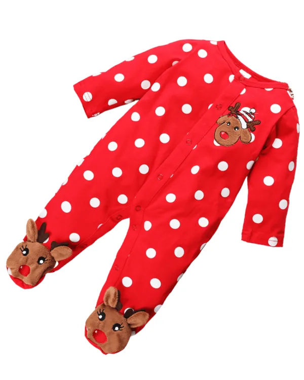 Pyjama grenouillère de Noël pour bébé brodée d'un petit renne, rouge et blanc