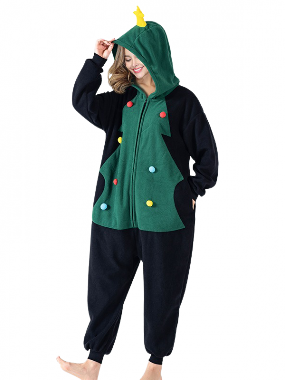 Pyjama combinaison de Noël noir avec motif de sapin vert