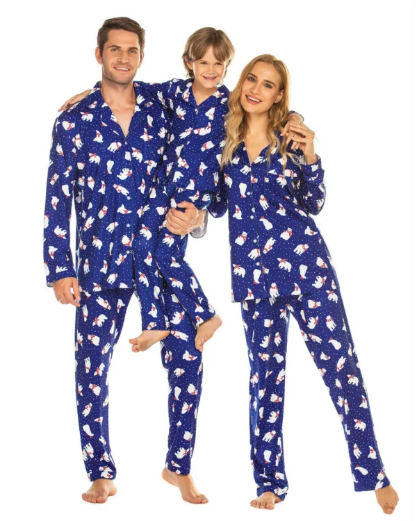 Élégant Pyjama de Noël boutonné, Ours polaire, bleu