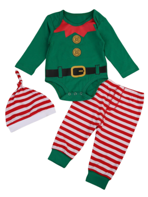 Pyjama de Noel elfe vert avec bandes blanches et rouges pour les bebes et les enfants modele de bebe