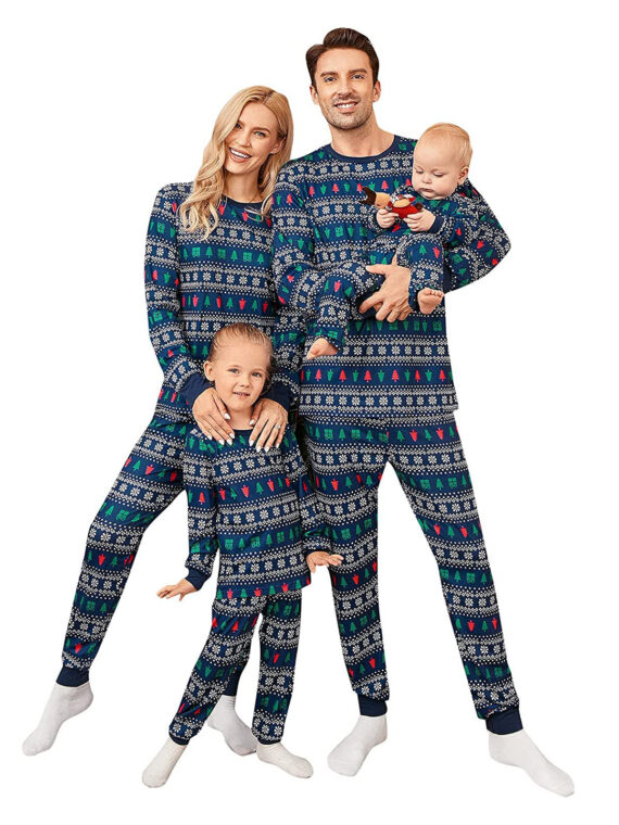 Pyjama de Noël hiver aux motifs modernes, bleu vert