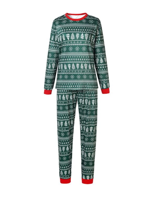 Pyjama de Noël vert moderne aux motifs hivernaux, flocons, sapins